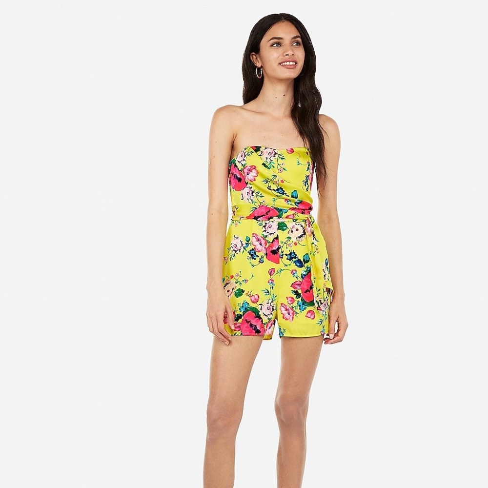 FLORAL SATIN STRAPLESS WRAP TIE ROMPER